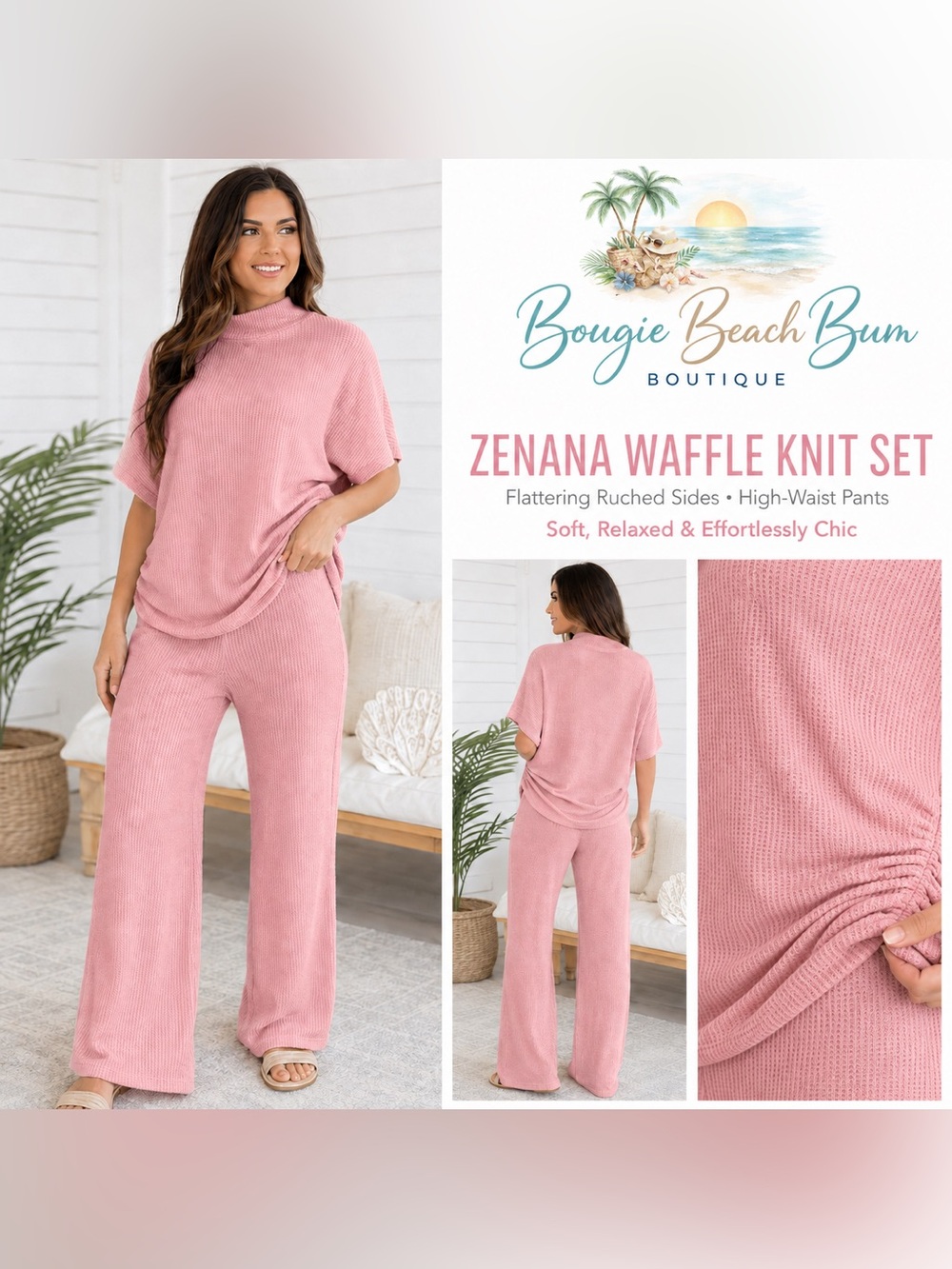 Zenana Waffle Knit Set  mock neck w ruched sides- Pink